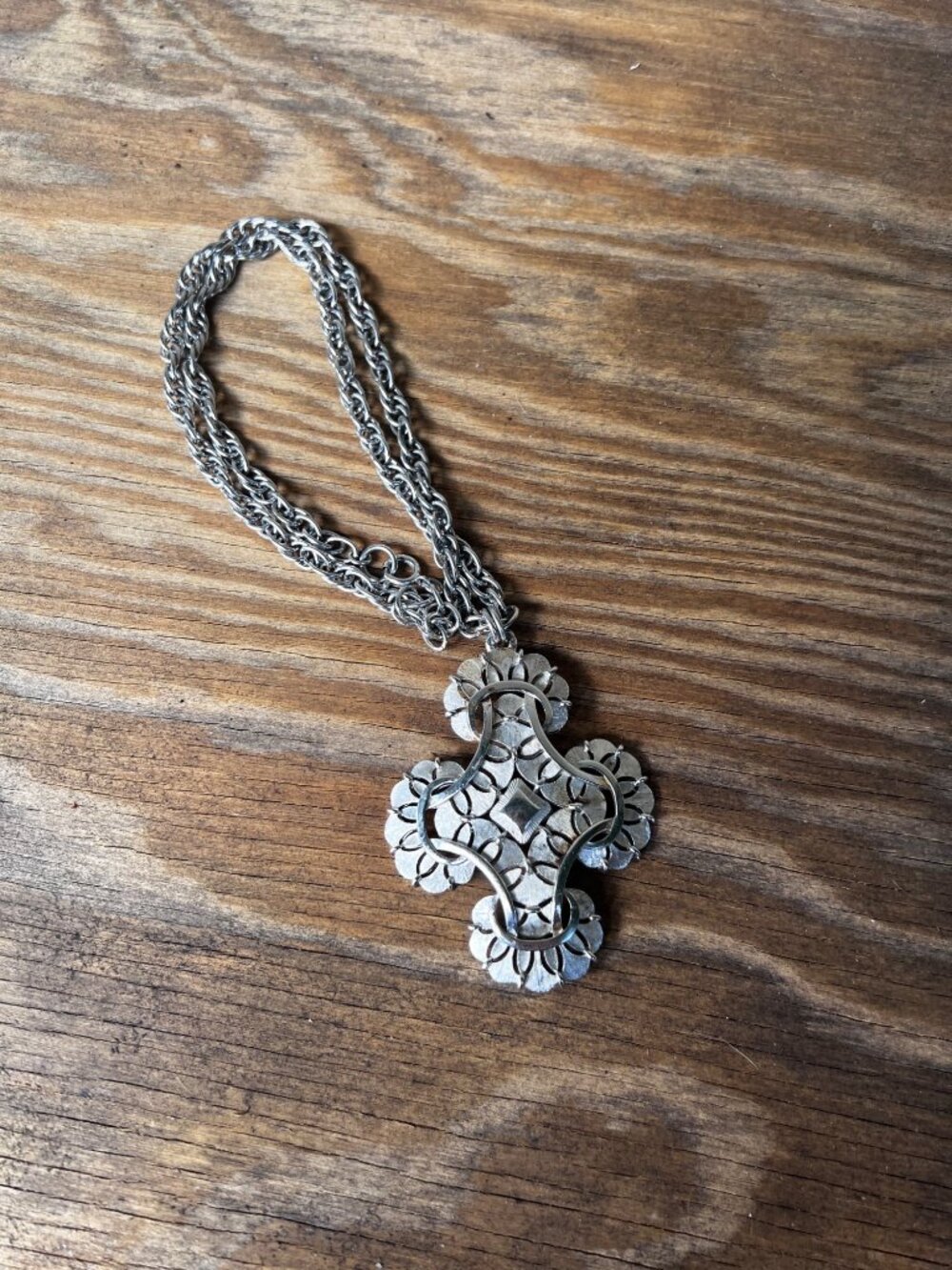 Trifari Brushed Silver Large Maltese Cross Pendant Necklace 28”